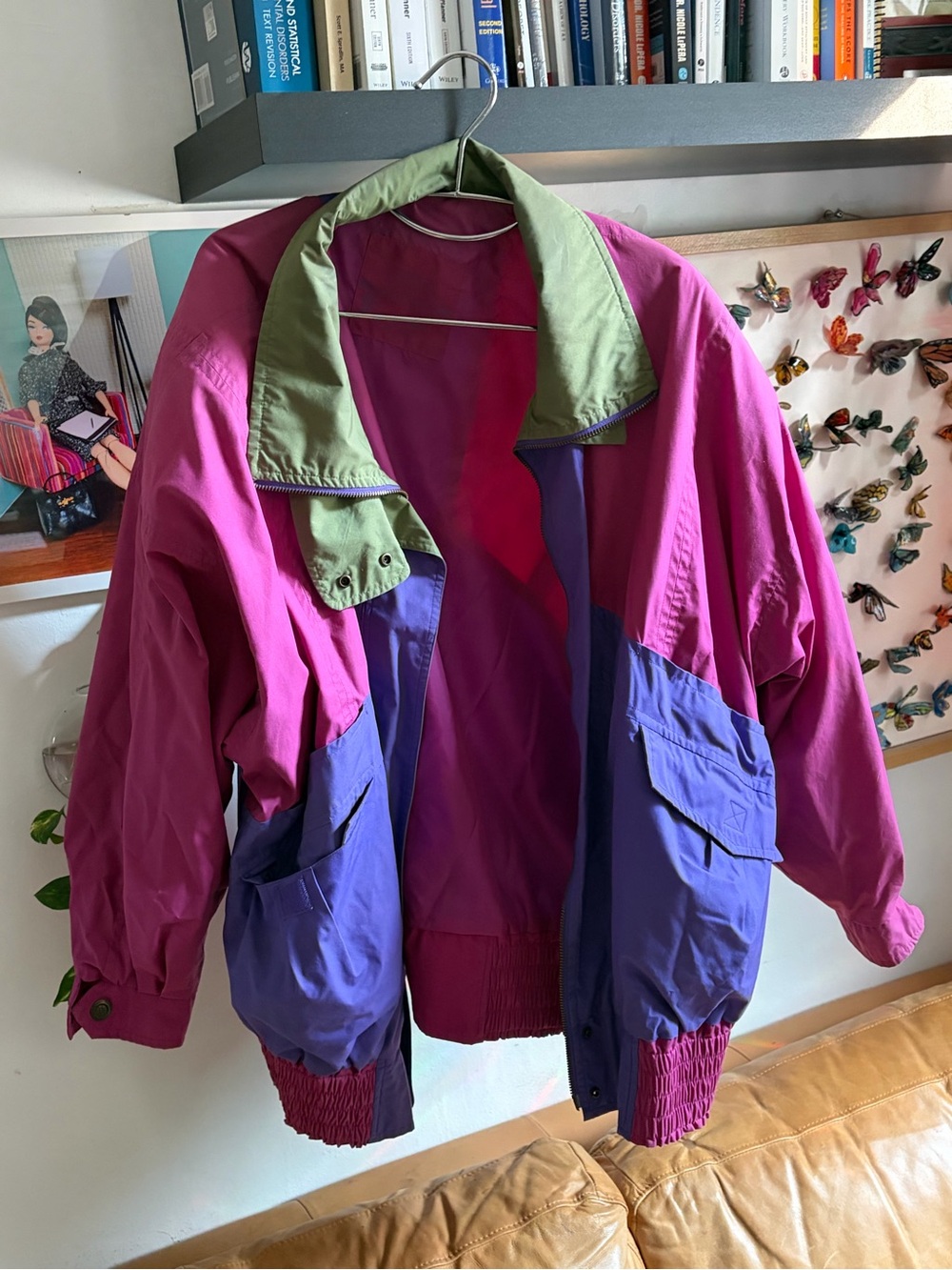 vintage london fog pink purple green colorblock windbreaker jacket size L